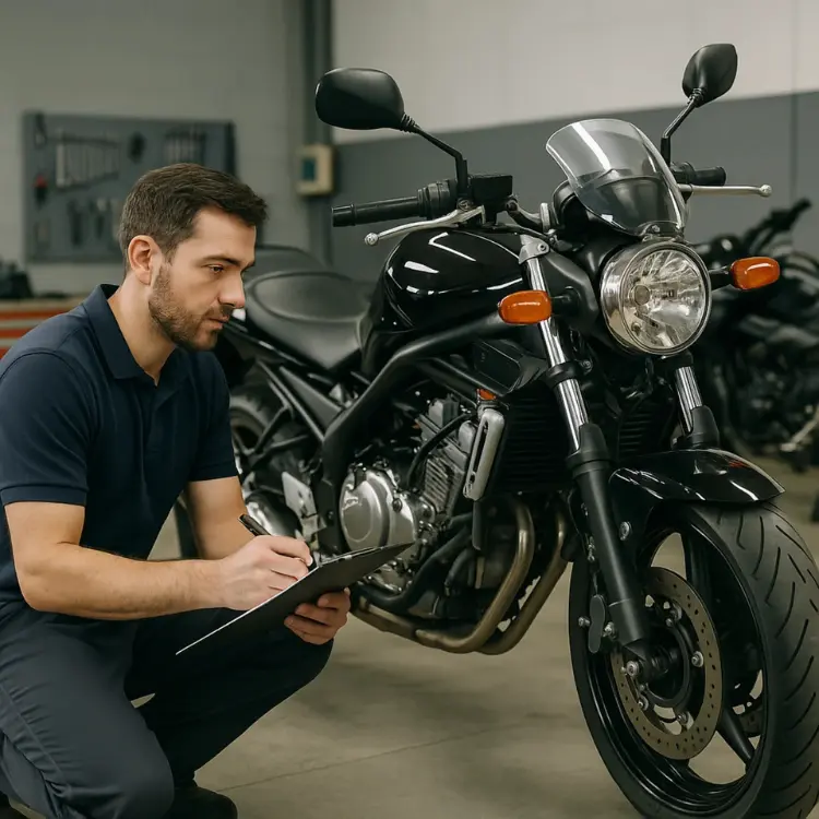 Vendemos tu Moto: Experto tasador revisando y tomando notas sobre el estado de una motocicleta negra en un taller para ofrecer una valoración justa.