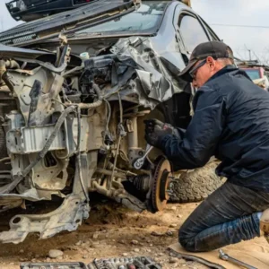 Compro Autos para Desarme: Auto sedán gris siniestrado con daños estructurales severos en frontal y techo, representando la compra de vehículos con pérdida total y no aptos para reparación.