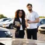 Compramos tu vehículo: Cierre de negocio y apretón de manos entre cliente y vendedor en un concesionario, con un auto en primer plano. Representa la conclusión exitosa de la venta de un coche.