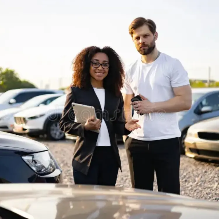 Compramos tu vehículo: Cierre de negocio y apretón de manos entre cliente y vendedor en un concesionario, con un auto en primer plano. Representa la conclusión exitosa de la venta de un coche.