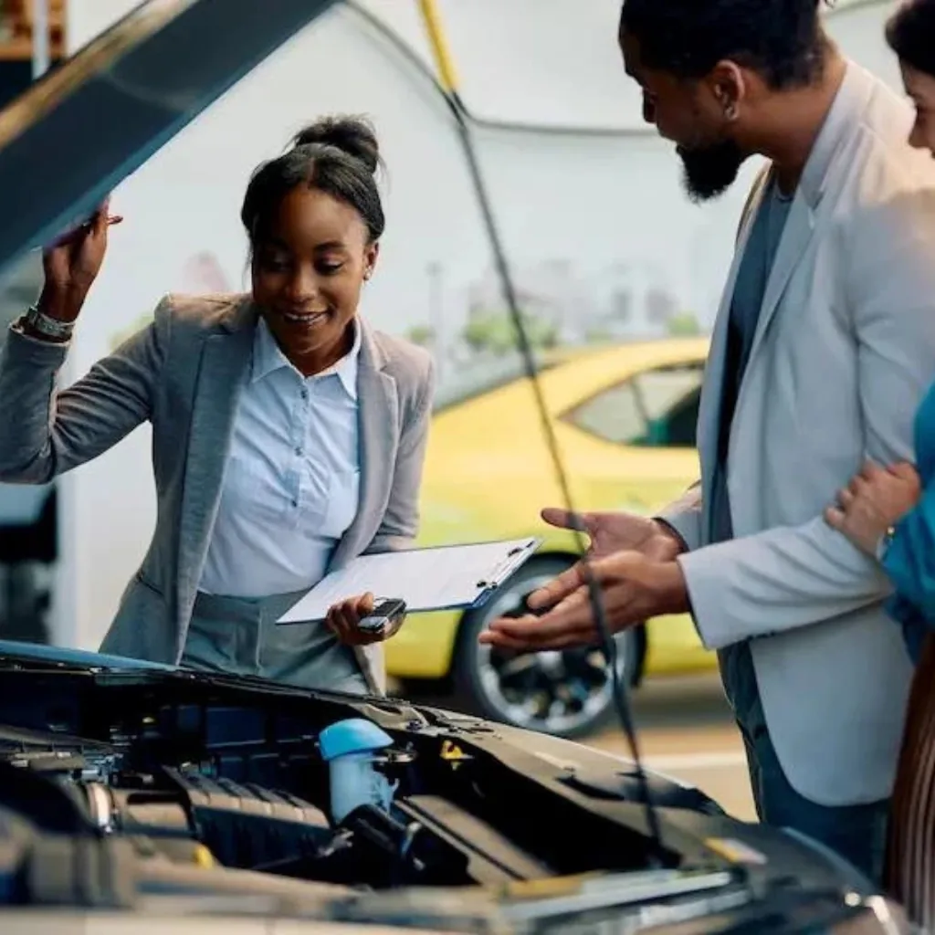Una tasadora profesional revisa el motor de un vehículo junto al propietario para determinar su valor y responder en cuanto puedo vender mi auto.