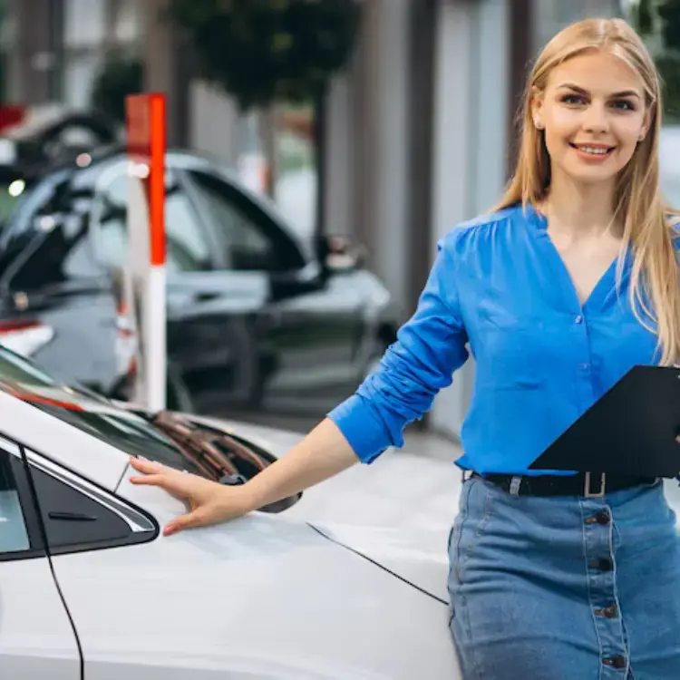 Ejecutiva junto a un vehículo sosteniendo carpeta; atención personalizada para cotizar tu auto online con AutoEfectivo y obtener oferta vinculante y pago el mismo día.